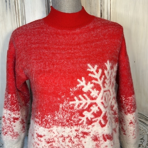 Red and White Snowflakes Eyelash Yarn High Crewneck Super Soft Pullover Sweater - Picture 4 of 11
